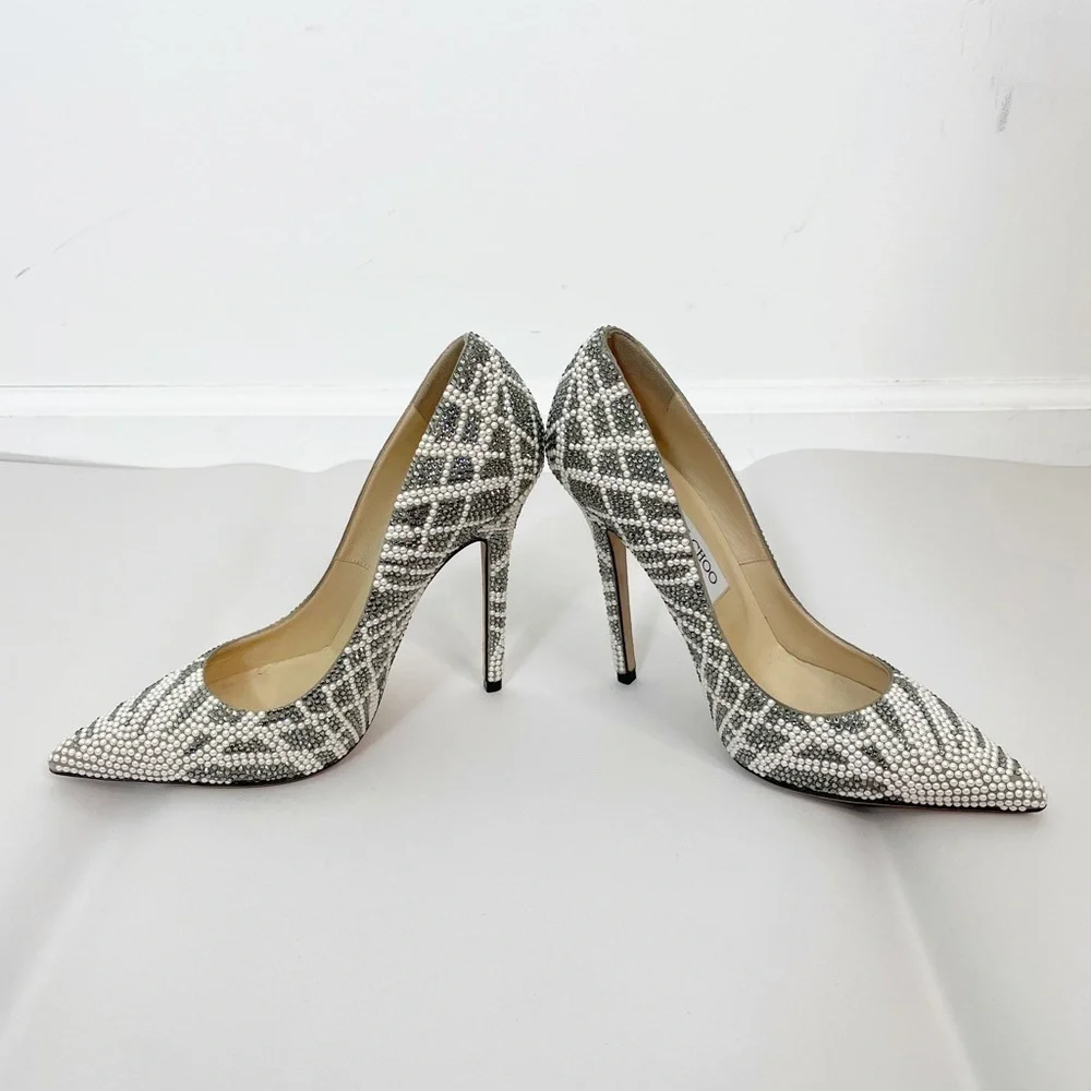 Jimmy Choo Anouk Pearl Crystal Suede Embellished Heel Pumps